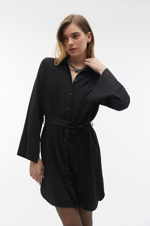 BAĞLAMA DETAYLI DÜĞMELİ MİDİ ELBİSE