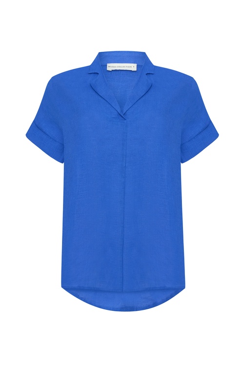  GÖMLEK YAKA KISA KOLLU KETEN BLUZ