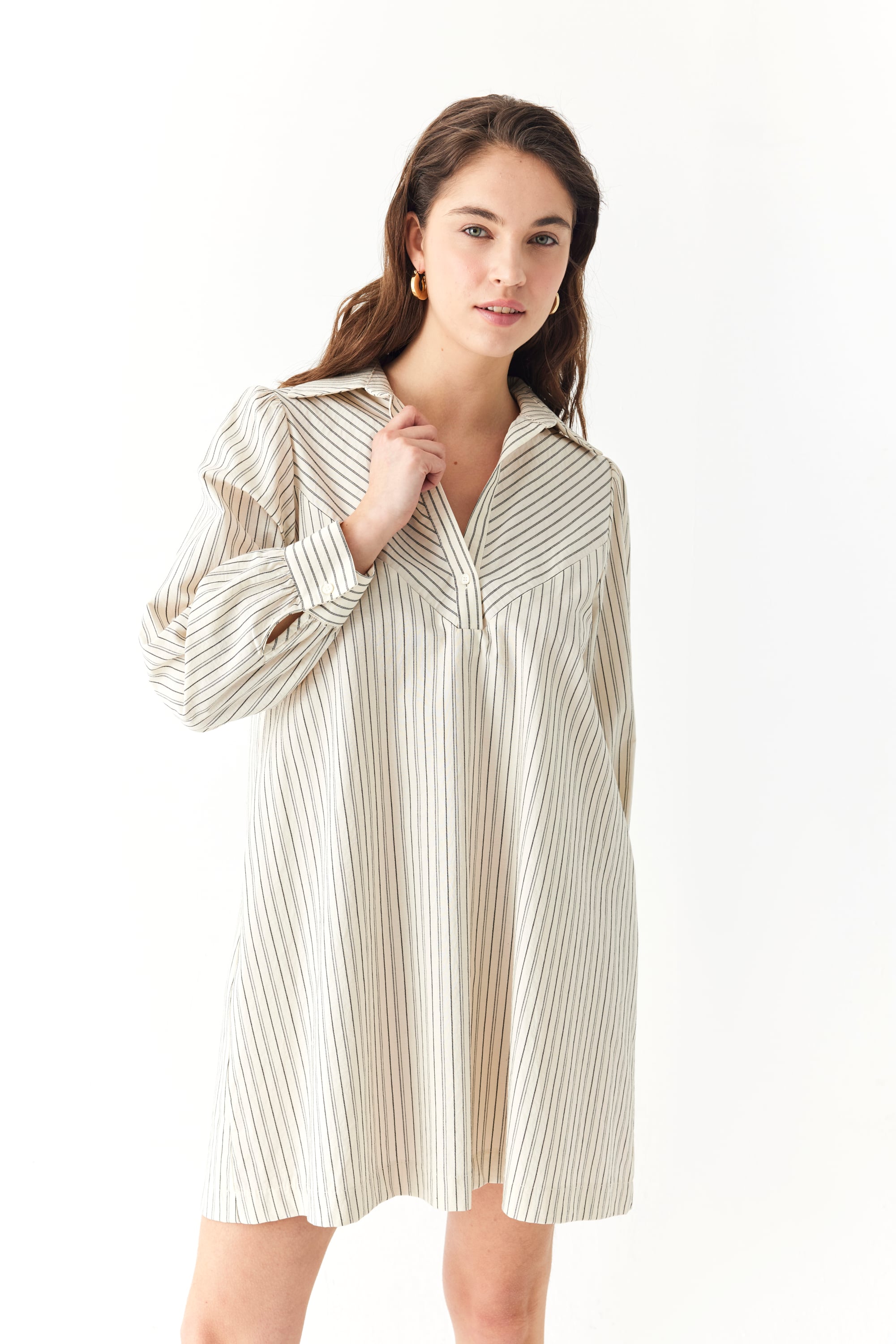 GÖMLEK YAKA ÇİZGİLİ MİNİ ELBİSE