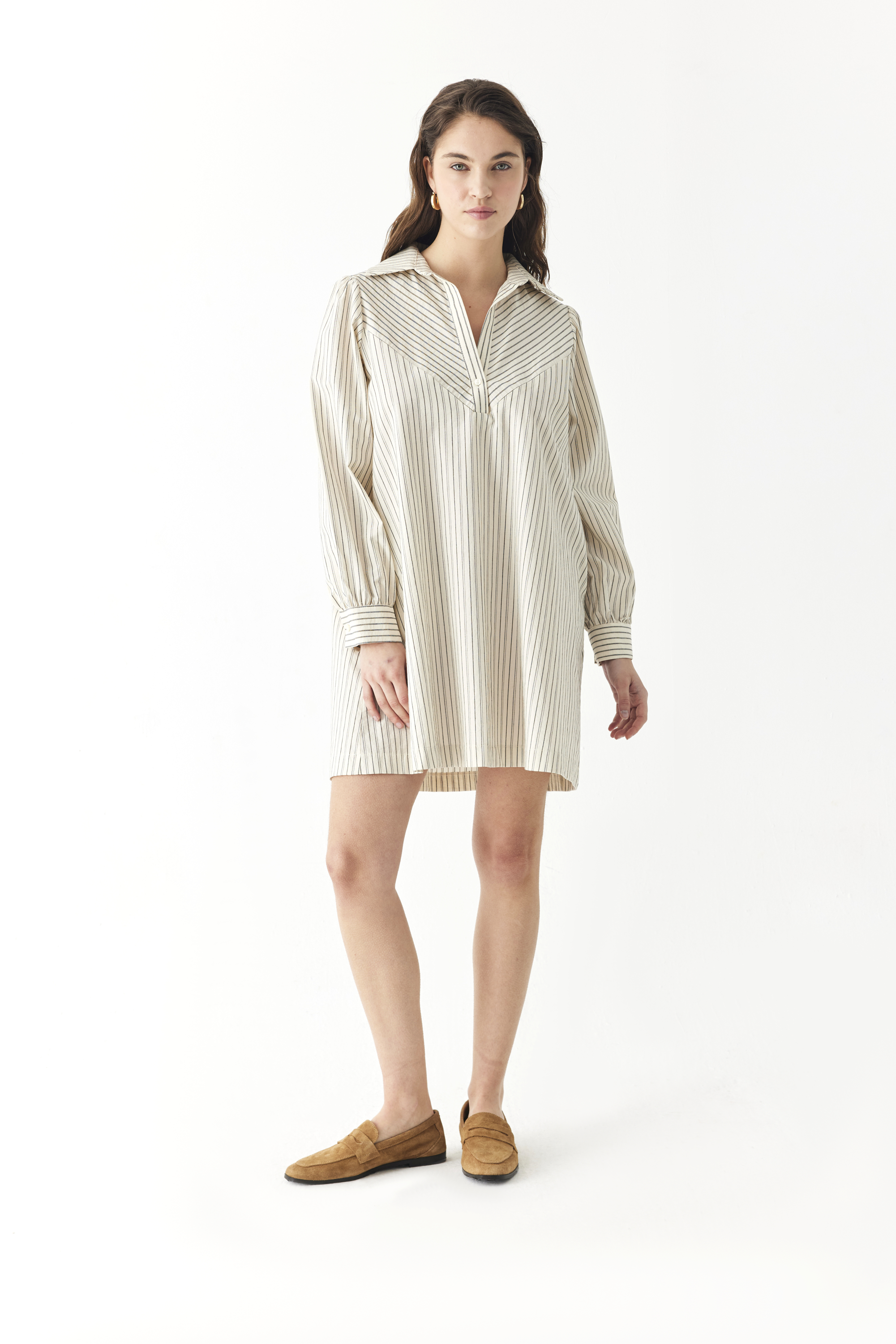 GÖMLEK YAKA ÇİZGİLİ MİNİ ELBİSE