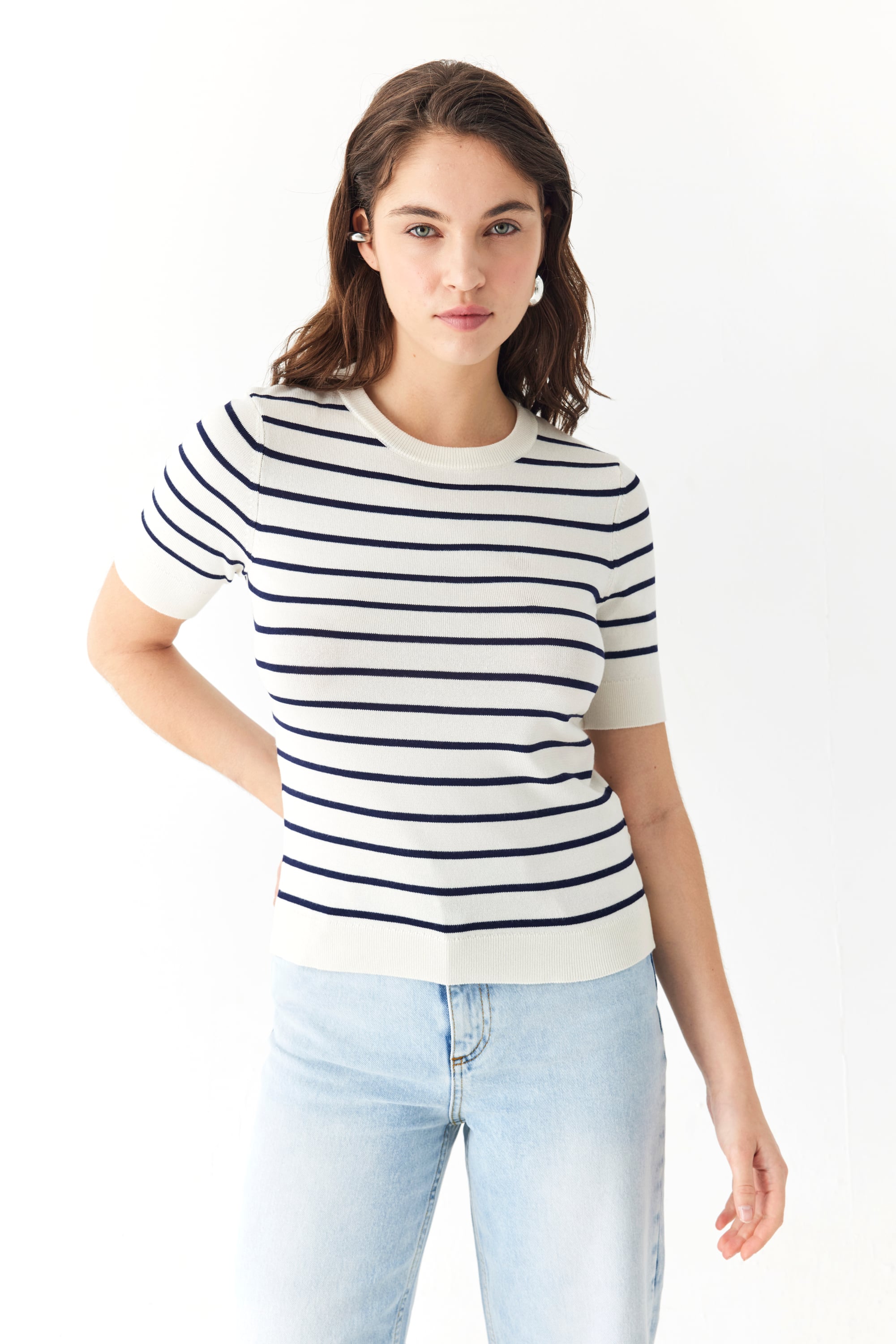 ÇİZGİLİ BİSİKLET YAKA TRİKO KISA KOLLU KAZAK