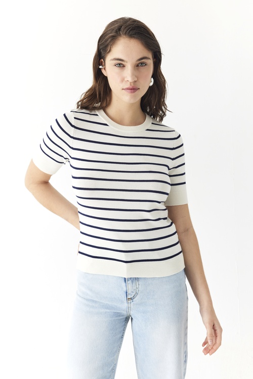  ÇİZGİLİ BİSİKLET YAKA TRİKO KISA KOLLU KAZAK