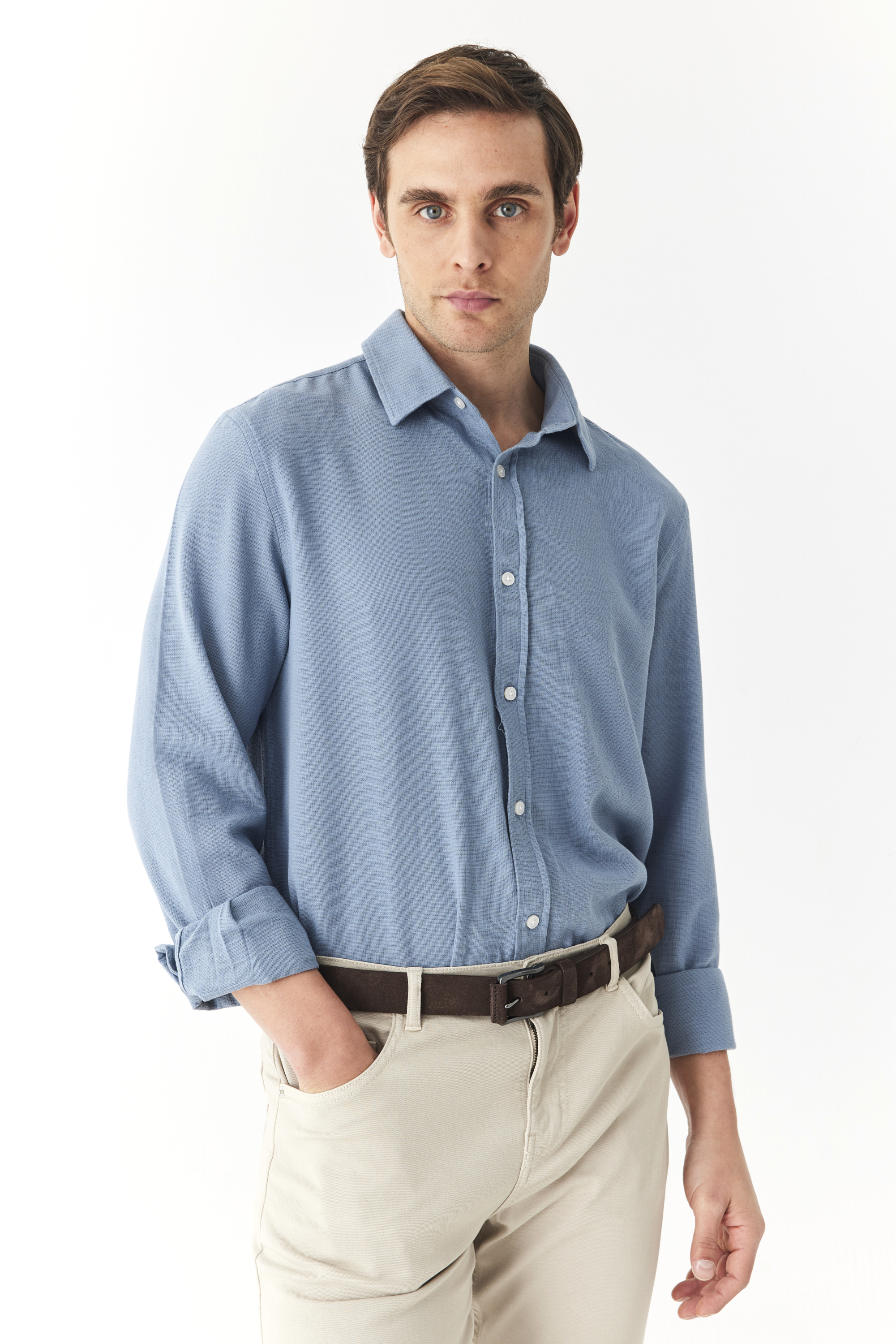 DOKULU REGULAR FIT UZUN KOLLU GÖMLEK