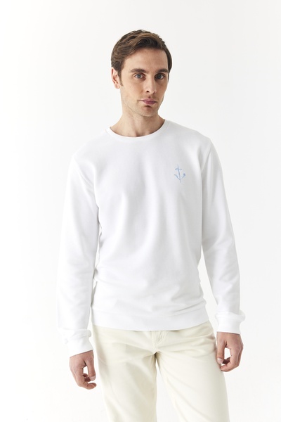 Mudo Erkek Beyaz Bisiklet Yaka Nakışlı Sweatshirt