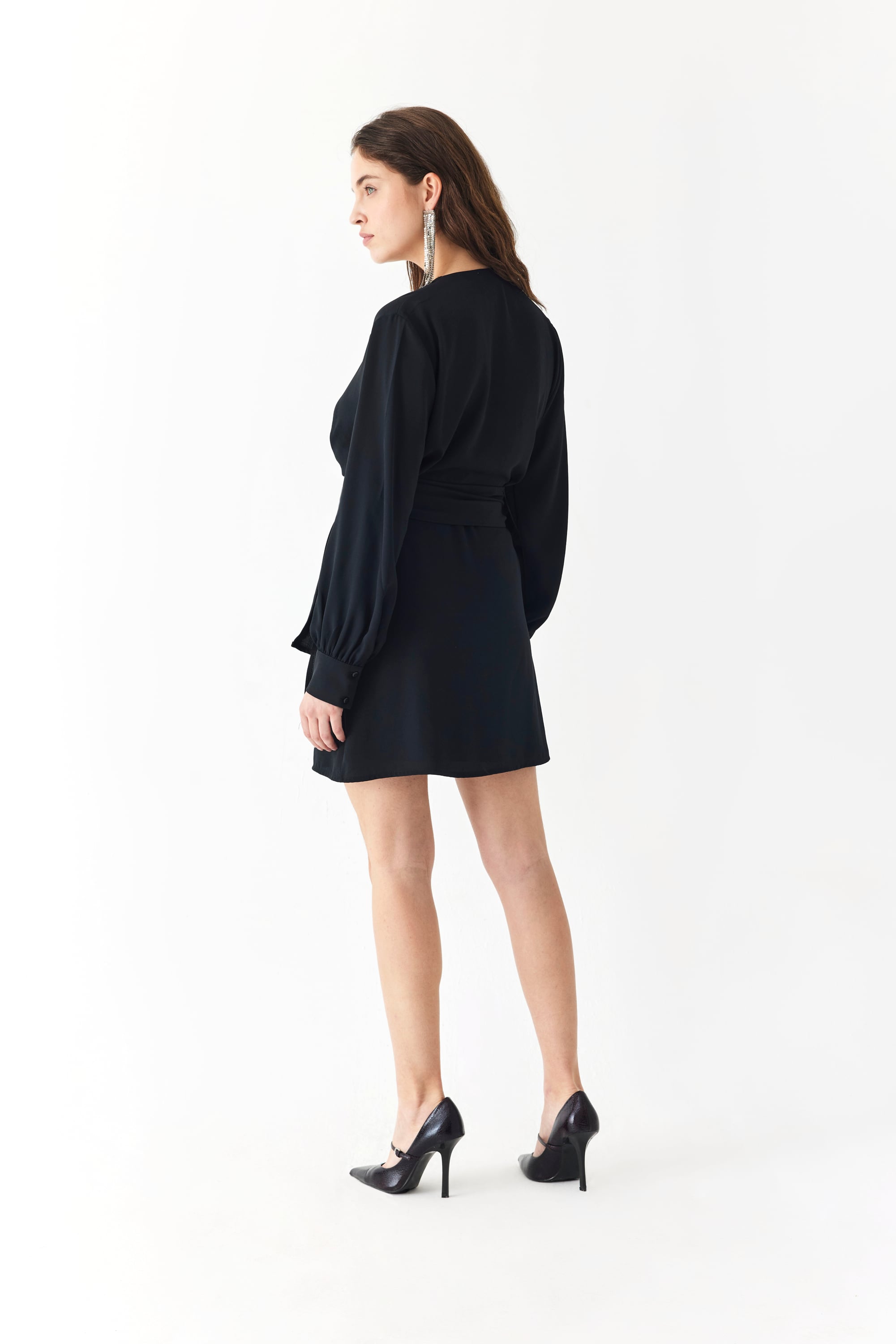 BAĞLAMALI ANVELOP V YAKA MİNİ ELBİSE