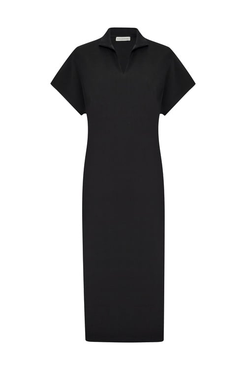  V YAKA KISA KOLLU MİDİ ELBİSE