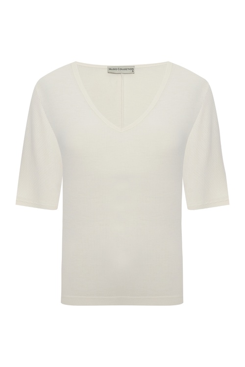  V YAKA KISA KOLLU FİTİLLİ T-SHIRT