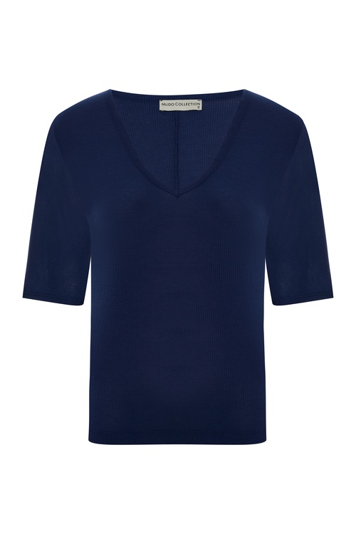  V YAKA KISA KOLLU FİTİLLİ T-SHIRT