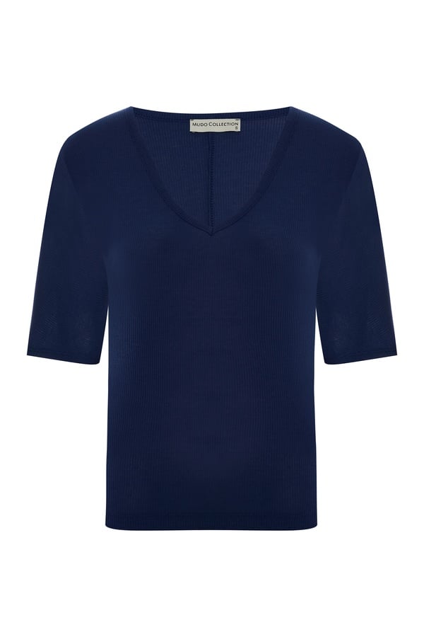 V YAKA KISA KOLLU FİTİLLİ T-SHIRT