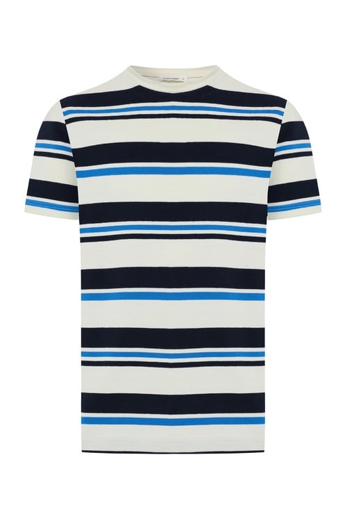  Erkek Mavi Çizgili Oversize Kısa Kollu T-Shirt