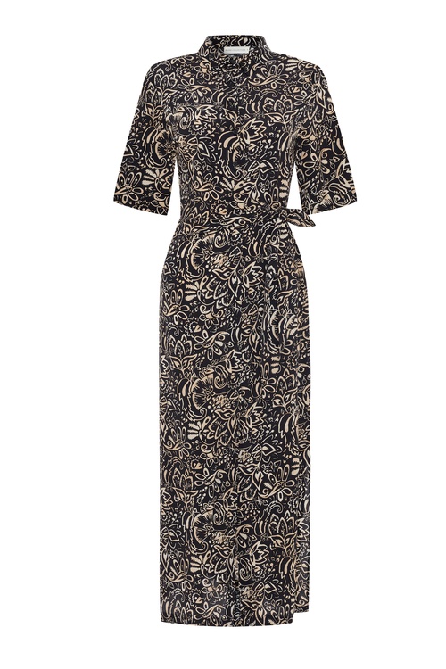  ETNİK BASKILI BAĞLAMA DETAYLI UZUN ELBİSE