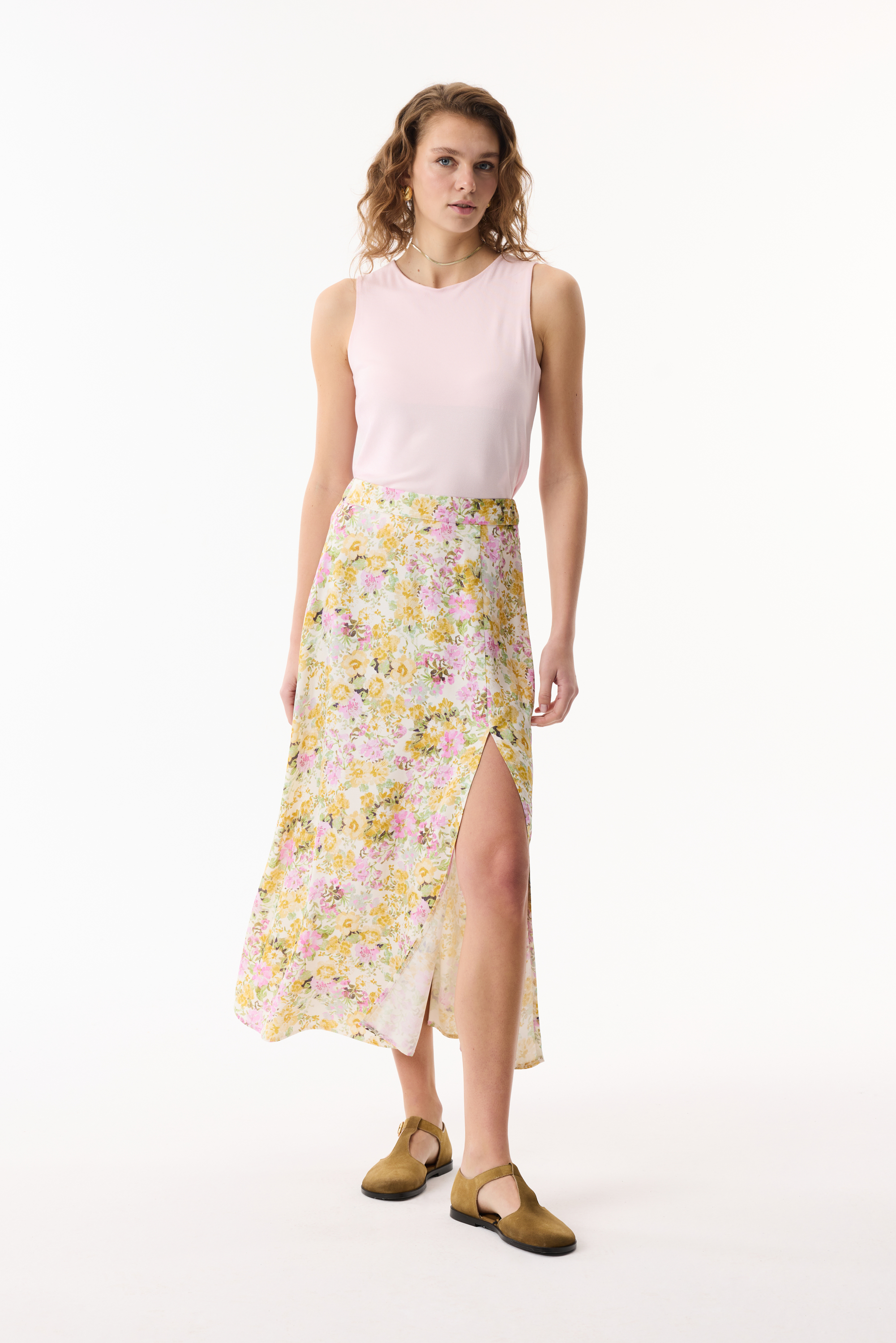 FLORAL BASKILI KLOŞ MİDİ ETEK