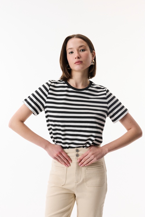  ÇİZGİLİ BİSİKLET YAKA KISA KOLLU T-SHIRT