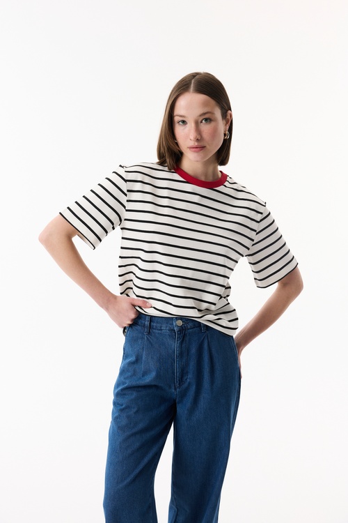  ÇİZGİLİ BİSİKLET YAKA KISA KOLLU T-SHIRT