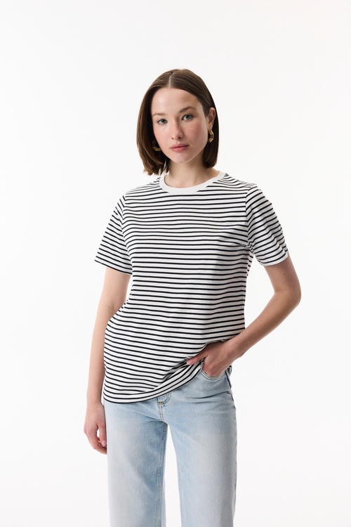  ÇİZGİLİ BİSİKLET YAKA KISA KOLLU T-SHIRT