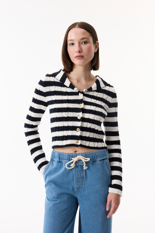  YAKA DETAYLI ÇİZGİLİ TRİKO HIRKA