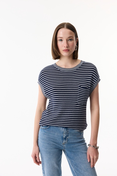 Mudo Çizgili Loose Fit Kisa Kollu Triko Kazak