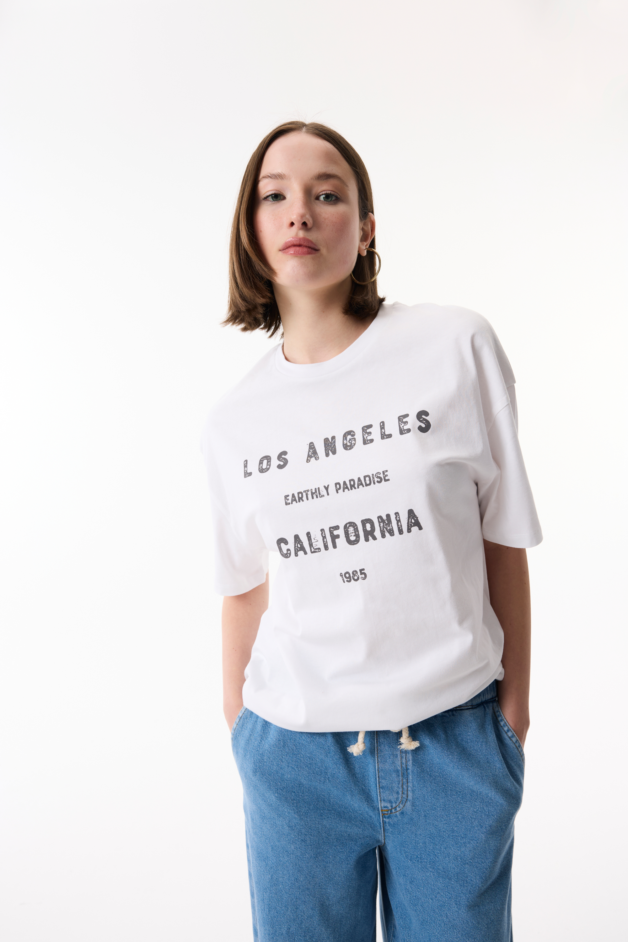 BASKILI BİSİKLET YAKA OVERSIZE T-SHIRT