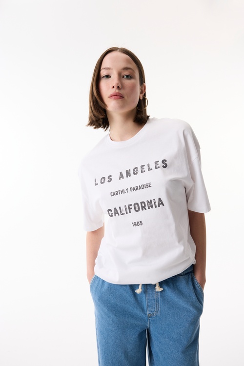  BASKILI BİSİKLET YAKA OVERSIZE T-SHIRT