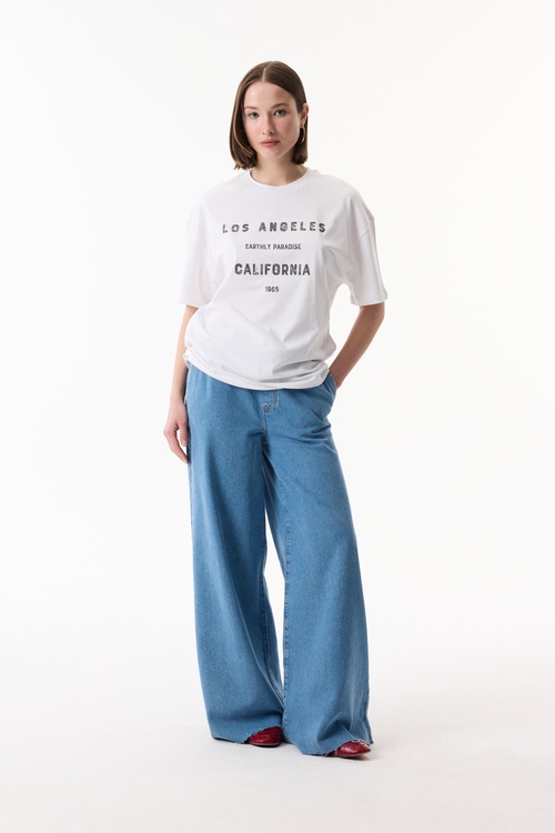  BASKILI BİSİKLET YAKA OVERSIZE T-SHIRT