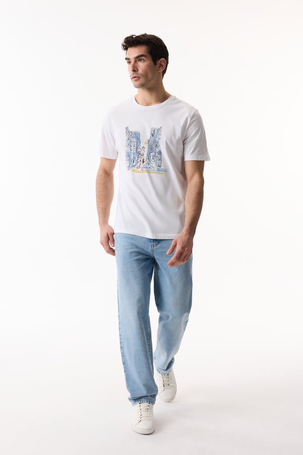 Erkek Beyaz Mitolojik Baskılı Bisiklet Yaka T-Shirt | mudo