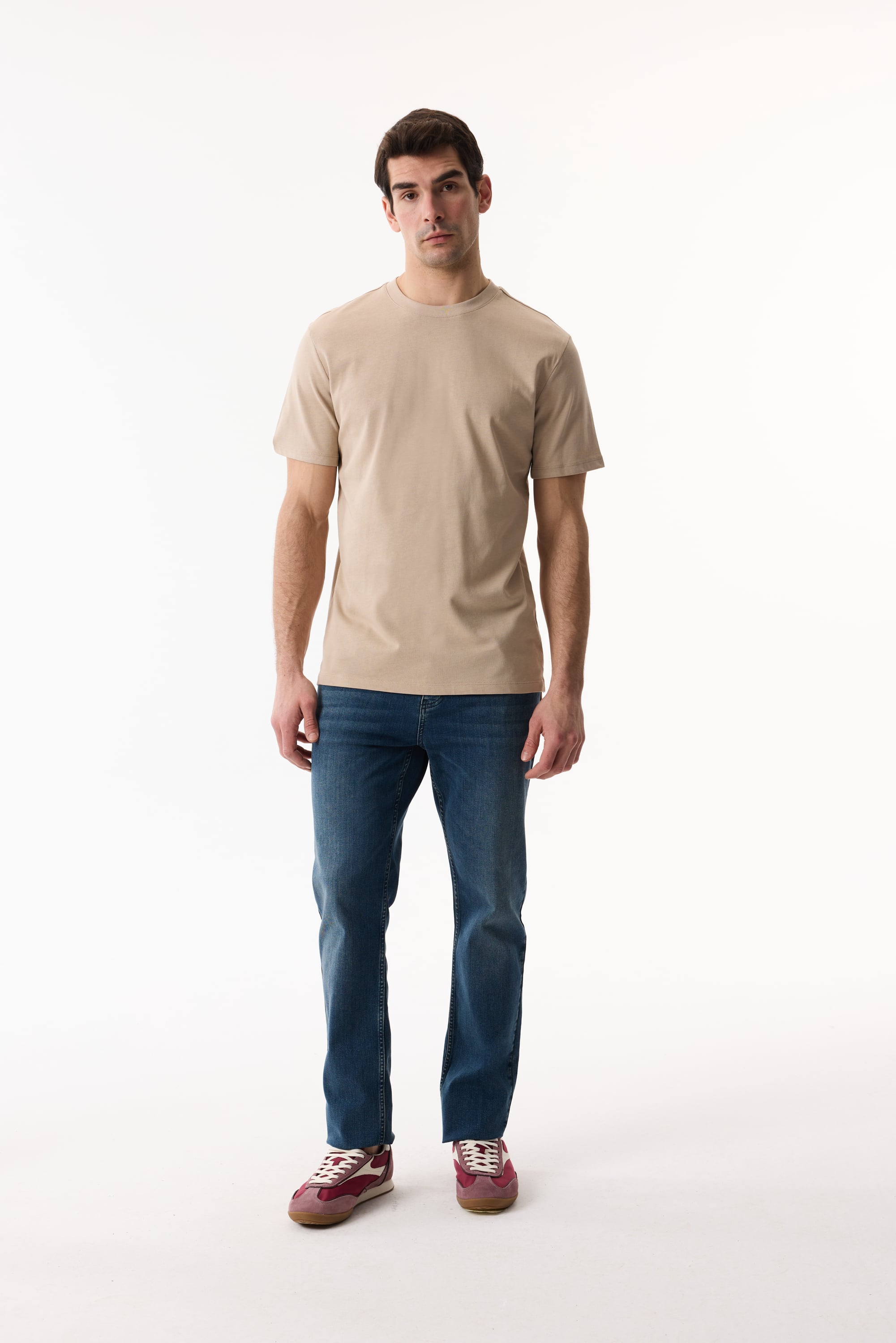 Erkek Bej Rengi Bisiklet Yaka Loose Fit Kısa Kollu T-Shirt