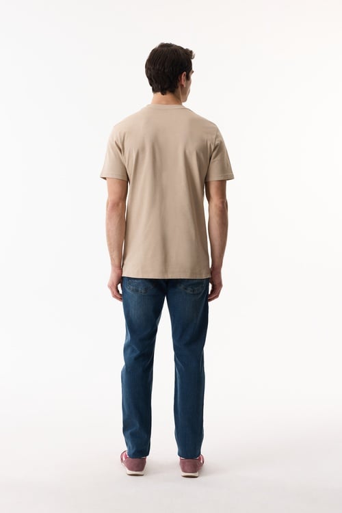 Erkek Bej Rengi Bisiklet Yaka Loose Fit Kısa Kollu T-Shirt