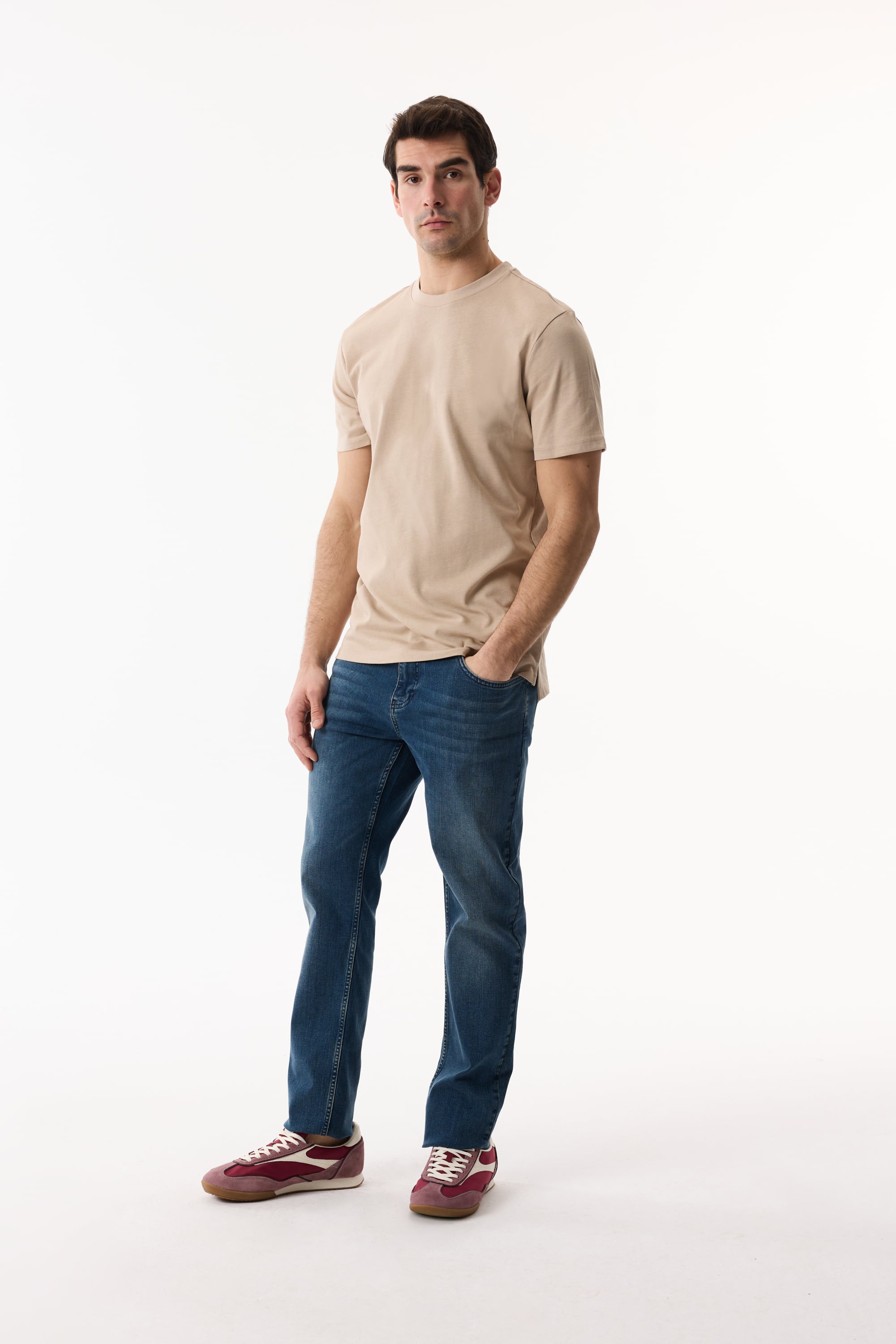 Erkek Bej Rengi Bisiklet Yaka Loose Fit Kısa Kollu T-Shirt