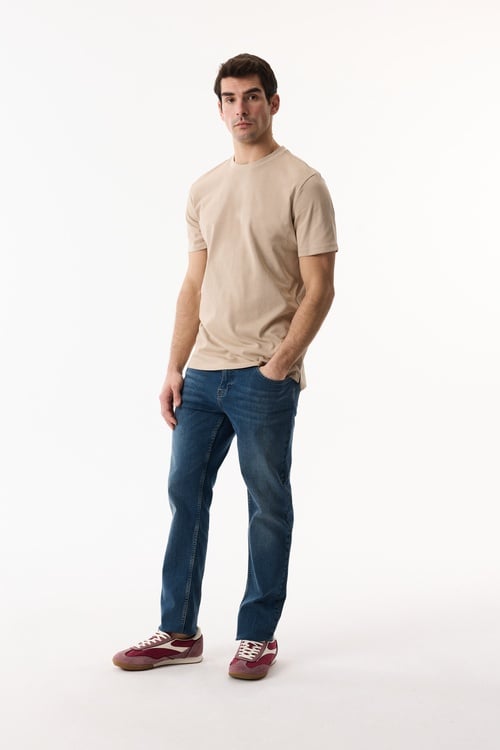 Erkek Bej Rengi Bisiklet Yaka Loose Fit Kısa Kollu T-Shirt