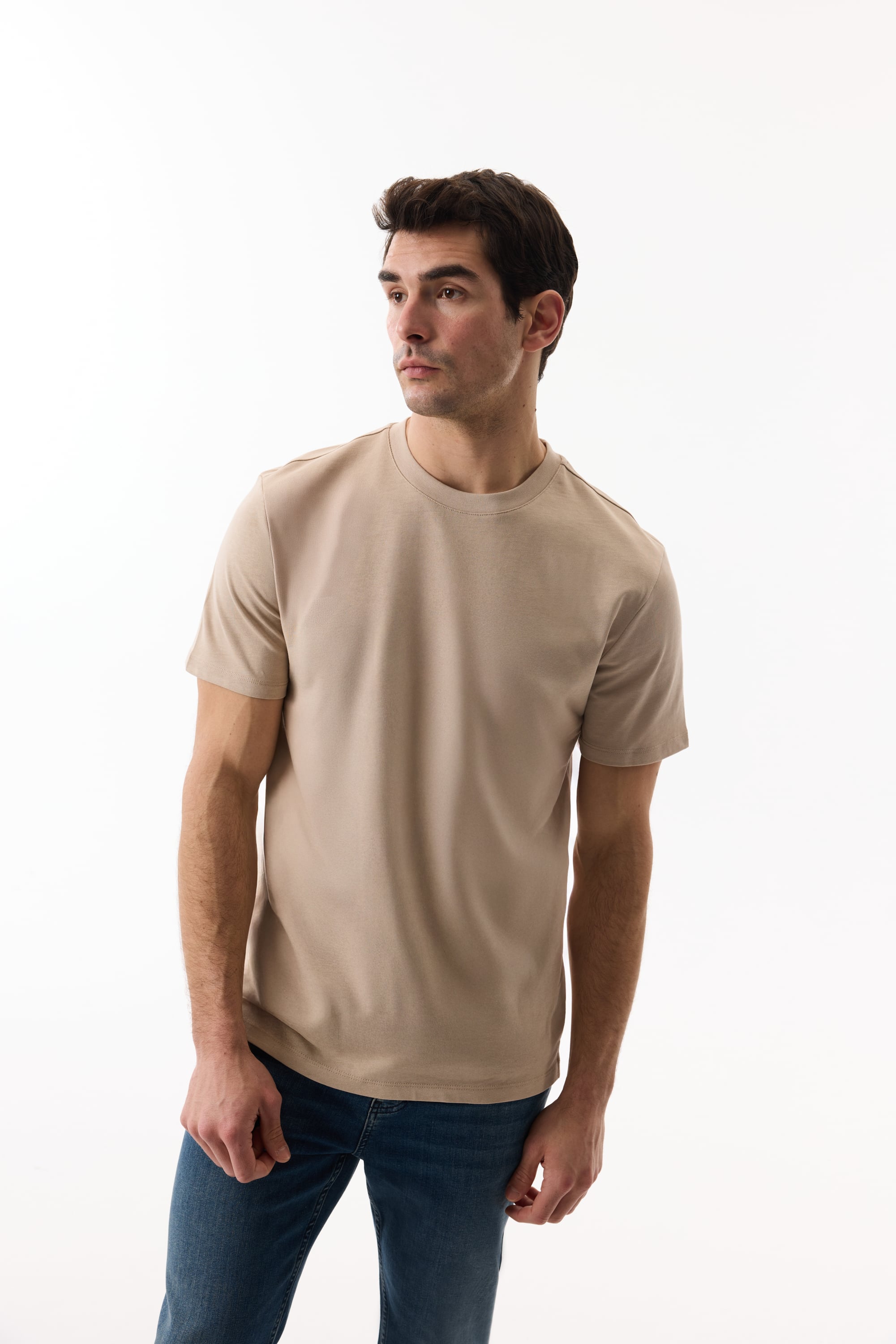 Erkek Bej Rengi Bisiklet Yaka Loose Fit Kısa Kollu T-Shirt