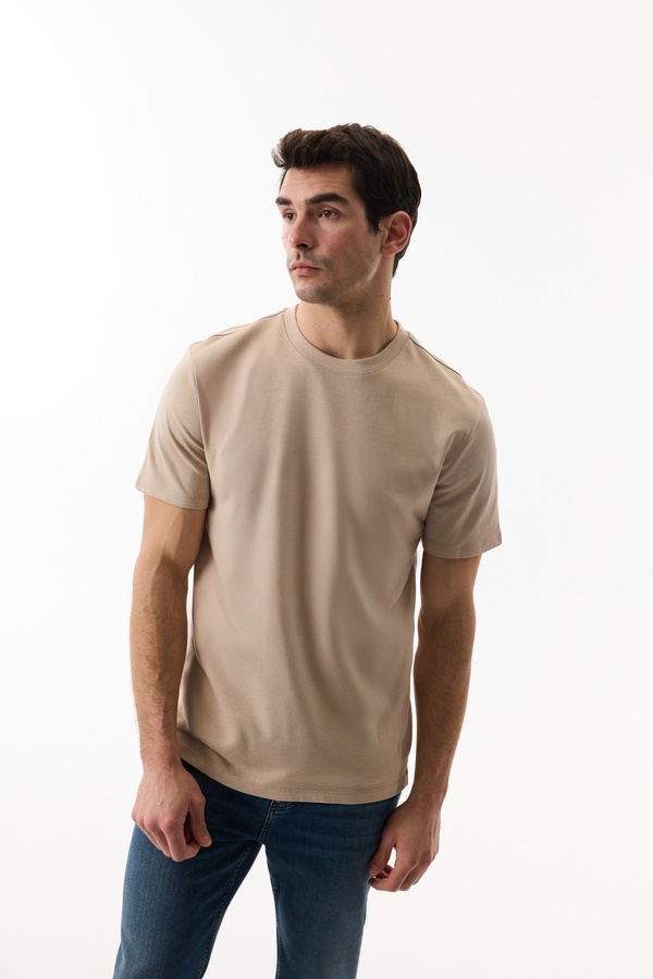 Erkek Bej Rengi Bisiklet Yaka Loose Fit Kısa Kollu T-Shirt