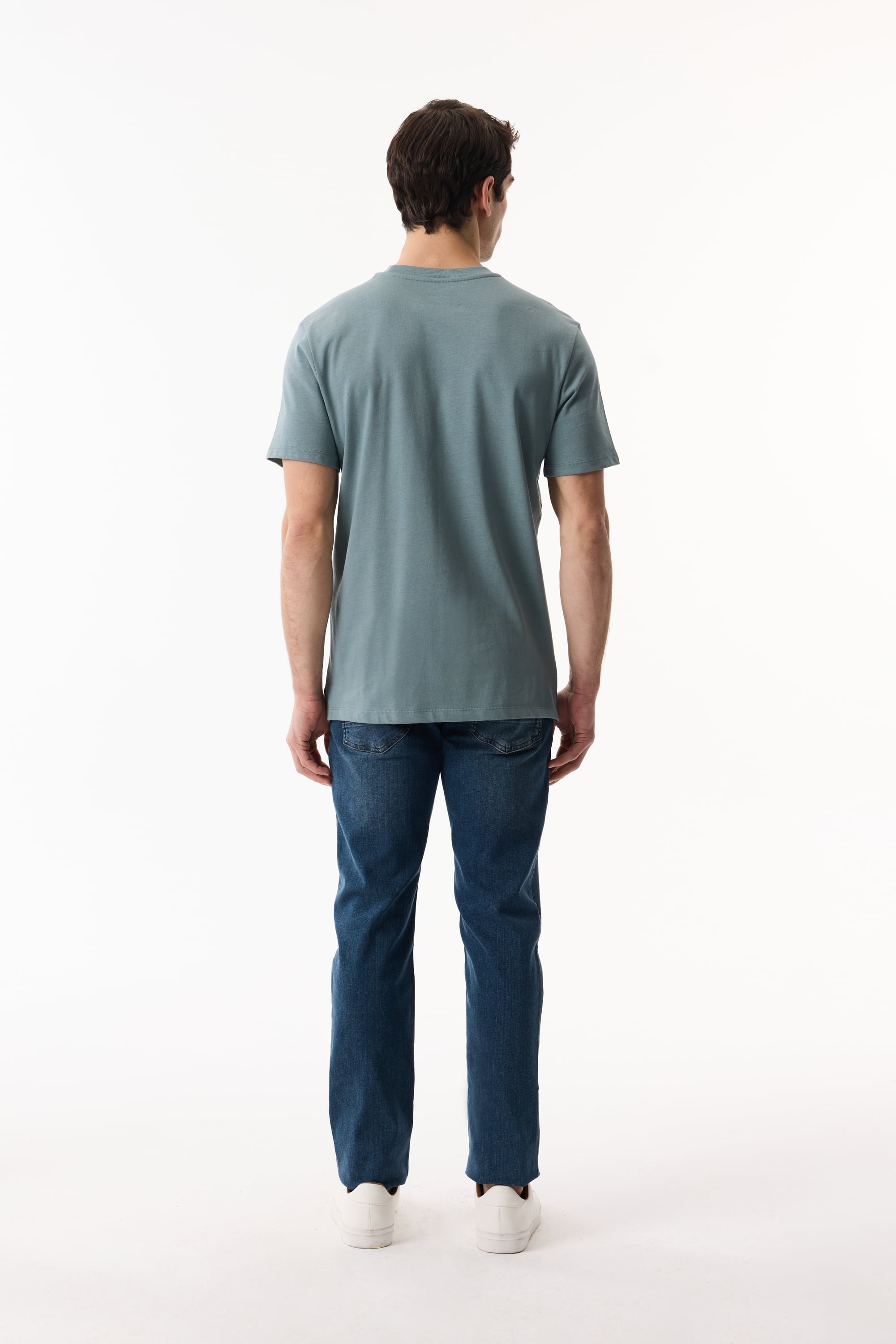 Erkek Mavi Bisiklet Yaka Loose Fit Kısa Kollu T-Shirt