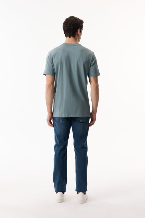  Erkek Mavi Bisiklet Yaka Loose Fit Kısa Kollu T-Shirt