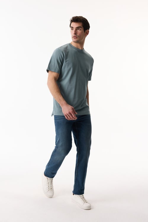  Erkek Mavi Bisiklet Yaka Loose Fit Kısa Kollu T-Shirt