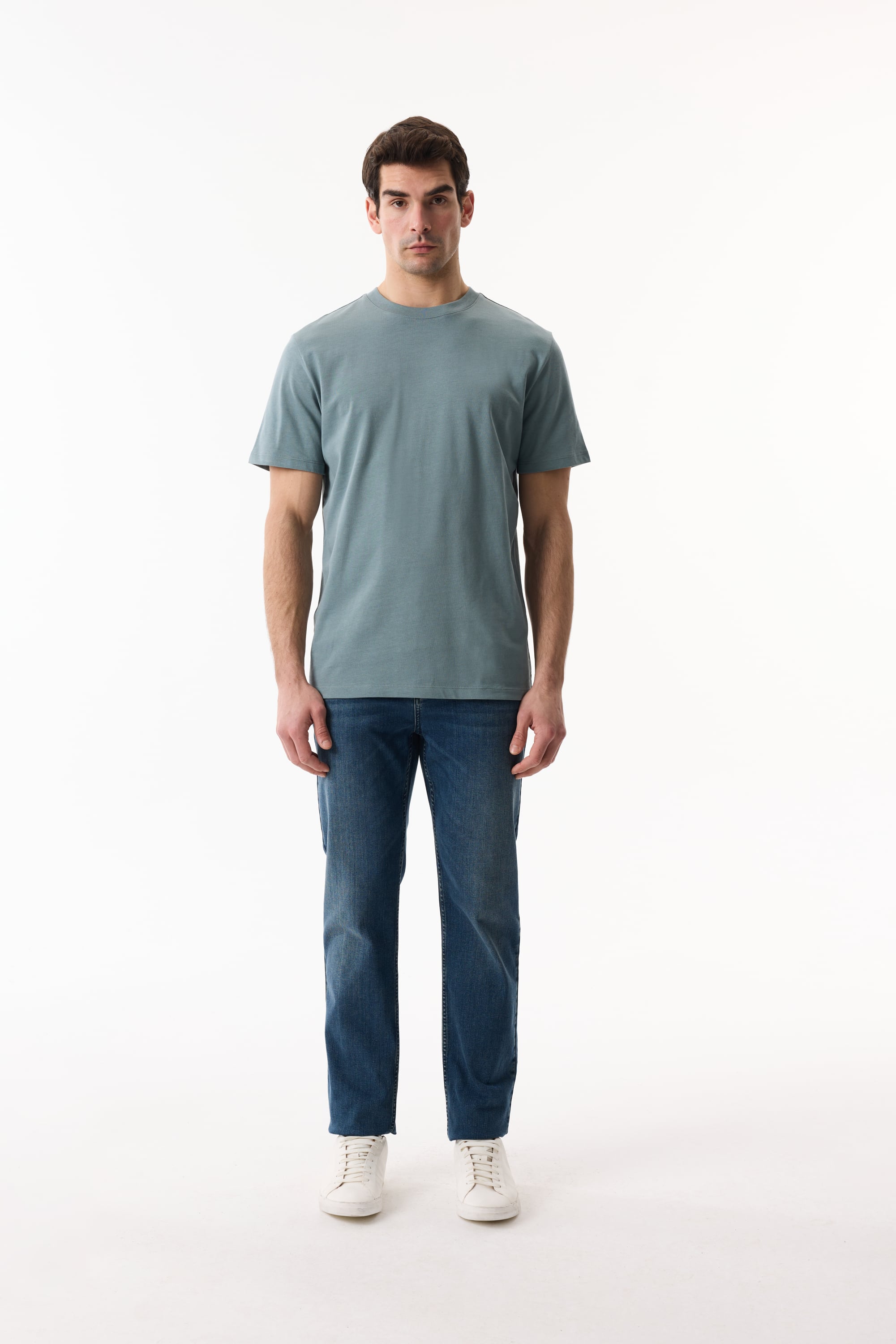 Erkek Mavi Bisiklet Yaka Loose Fit Kısa Kollu T-Shirt