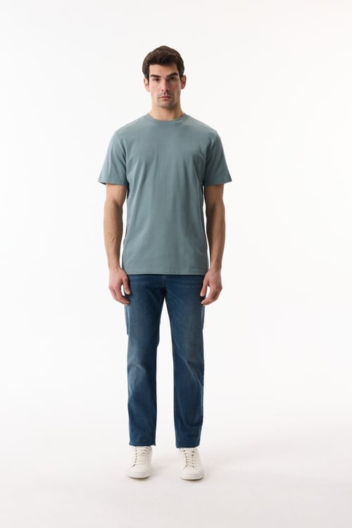  Erkek Mavi Bisiklet Yaka Loose Fit Kısa Kollu T-Shirt