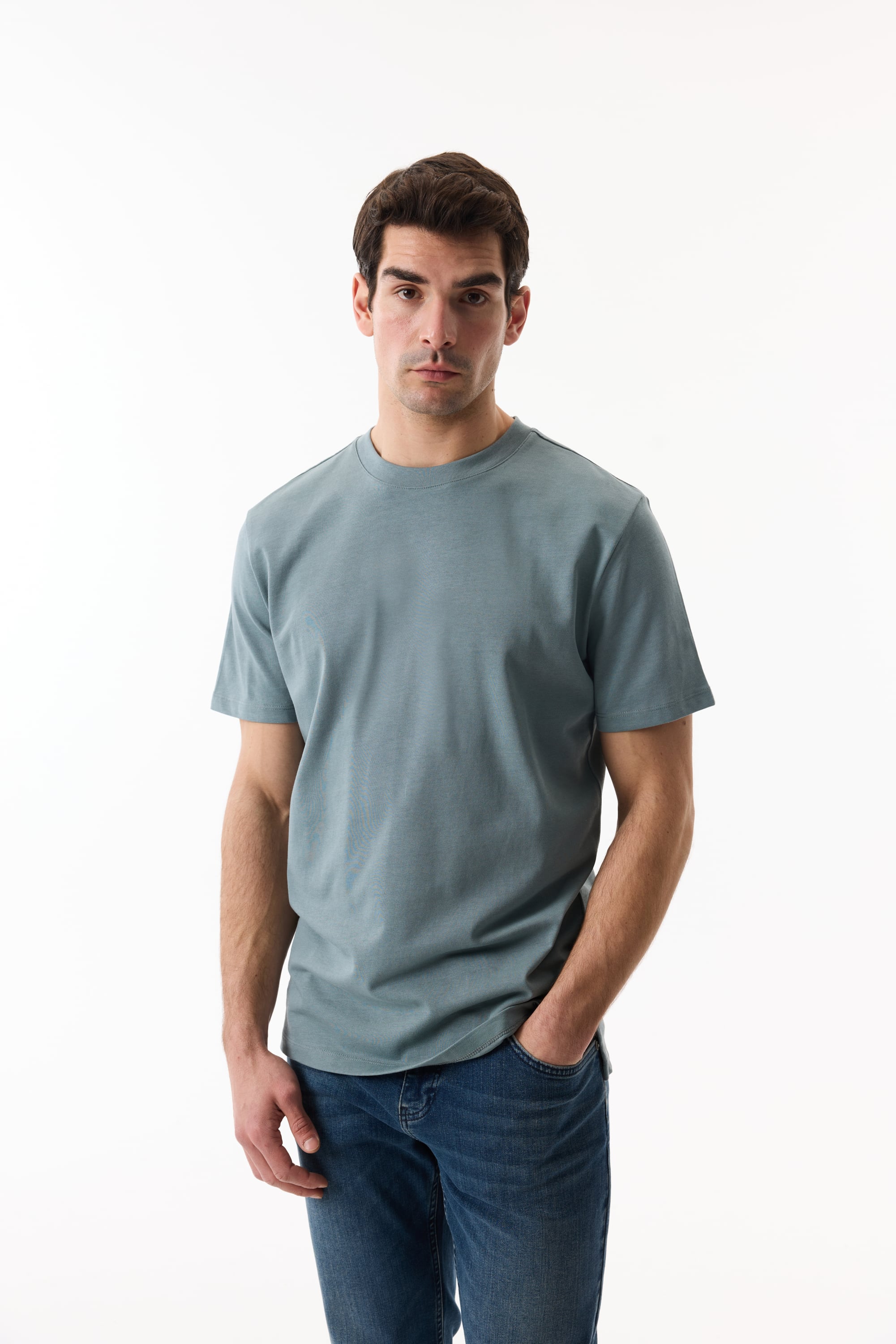 Erkek Mavi Bisiklet Yaka Loose Fit Kısa Kollu T-Shirt