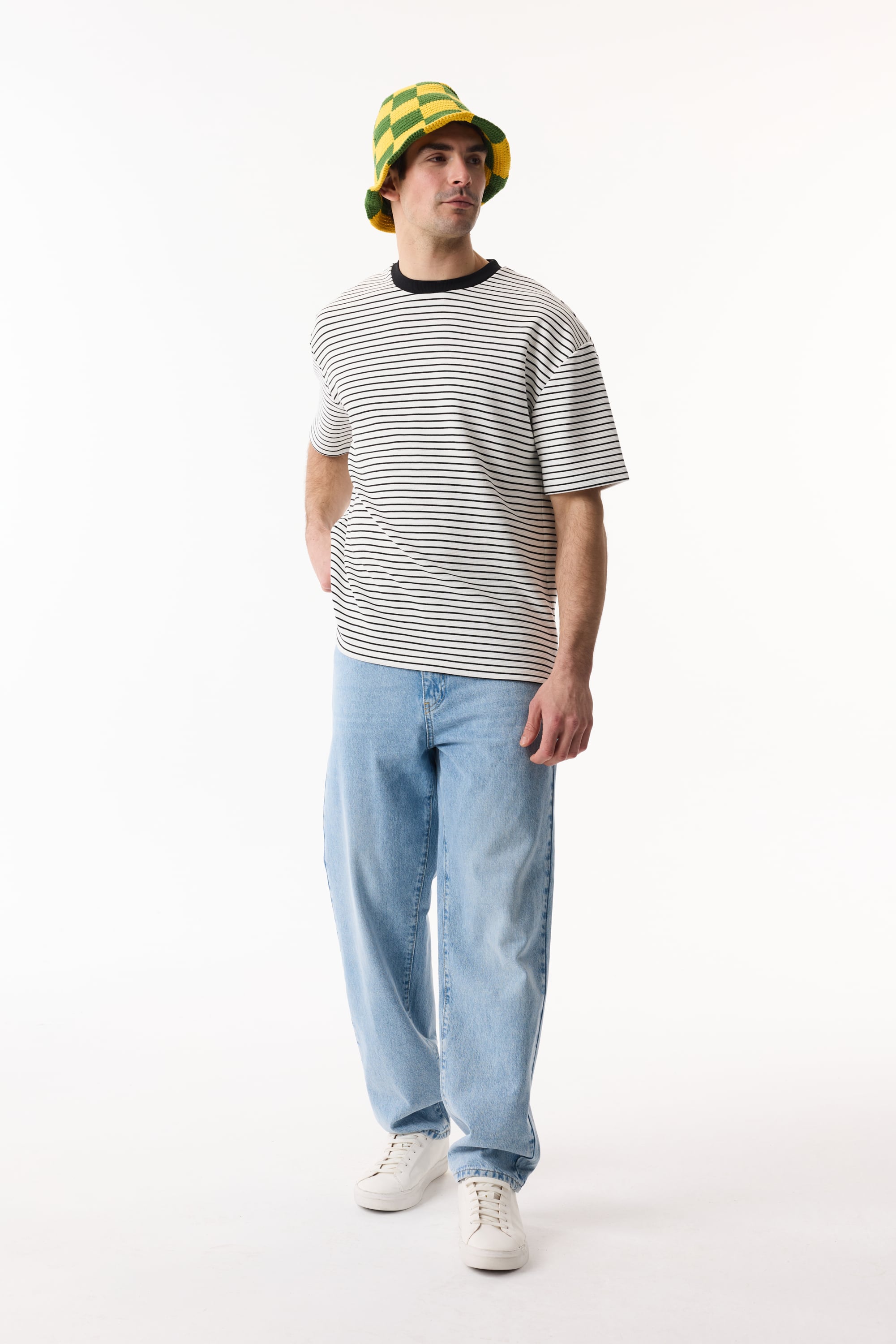Erkek Beyaz Çizgili Bisiklet Yaka Oversize T-Shirt