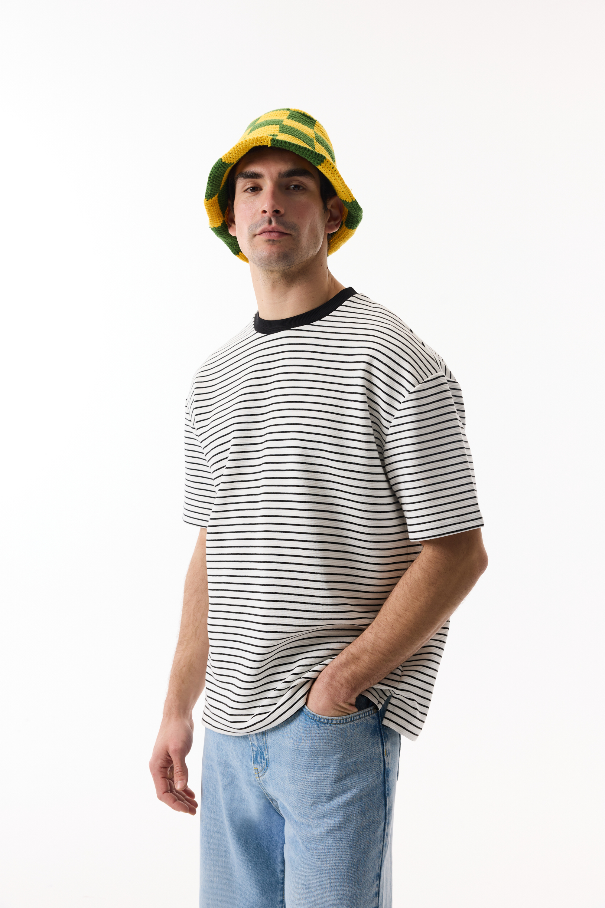 Erkek Beyaz Çizgili Bisiklet Yaka Oversize T-Shirt