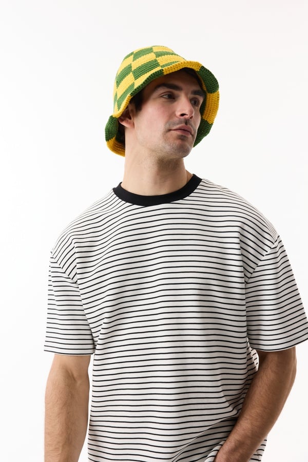 Erkek Beyaz Çizgili Bisiklet Yaka Oversize T-Shirt