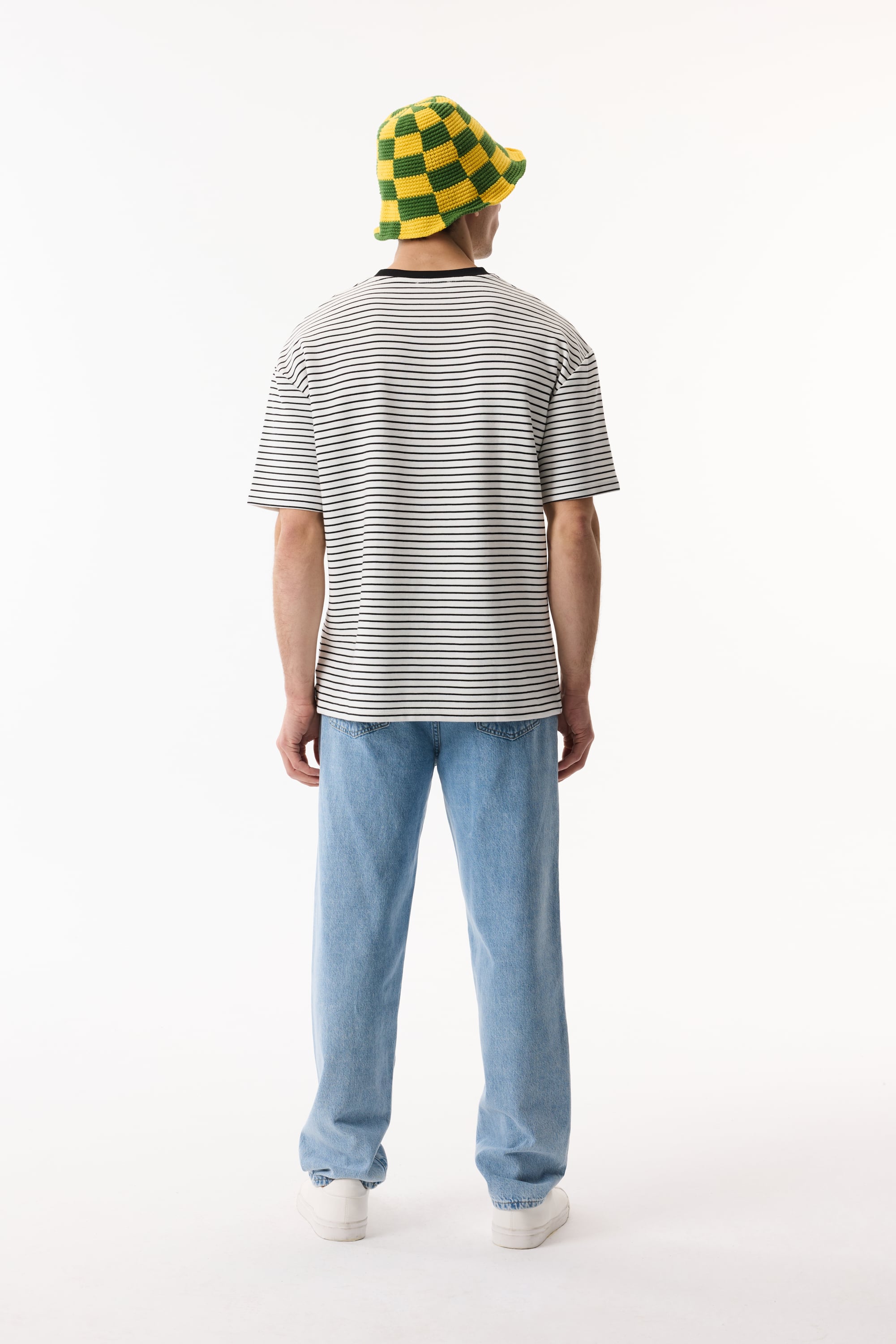 Erkek Beyaz Çizgili Bisiklet Yaka Oversize T-Shirt