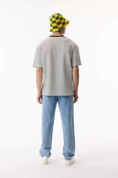 Erkek Beyaz Çizgili Bisiklet Yaka Oversize T-Shirt