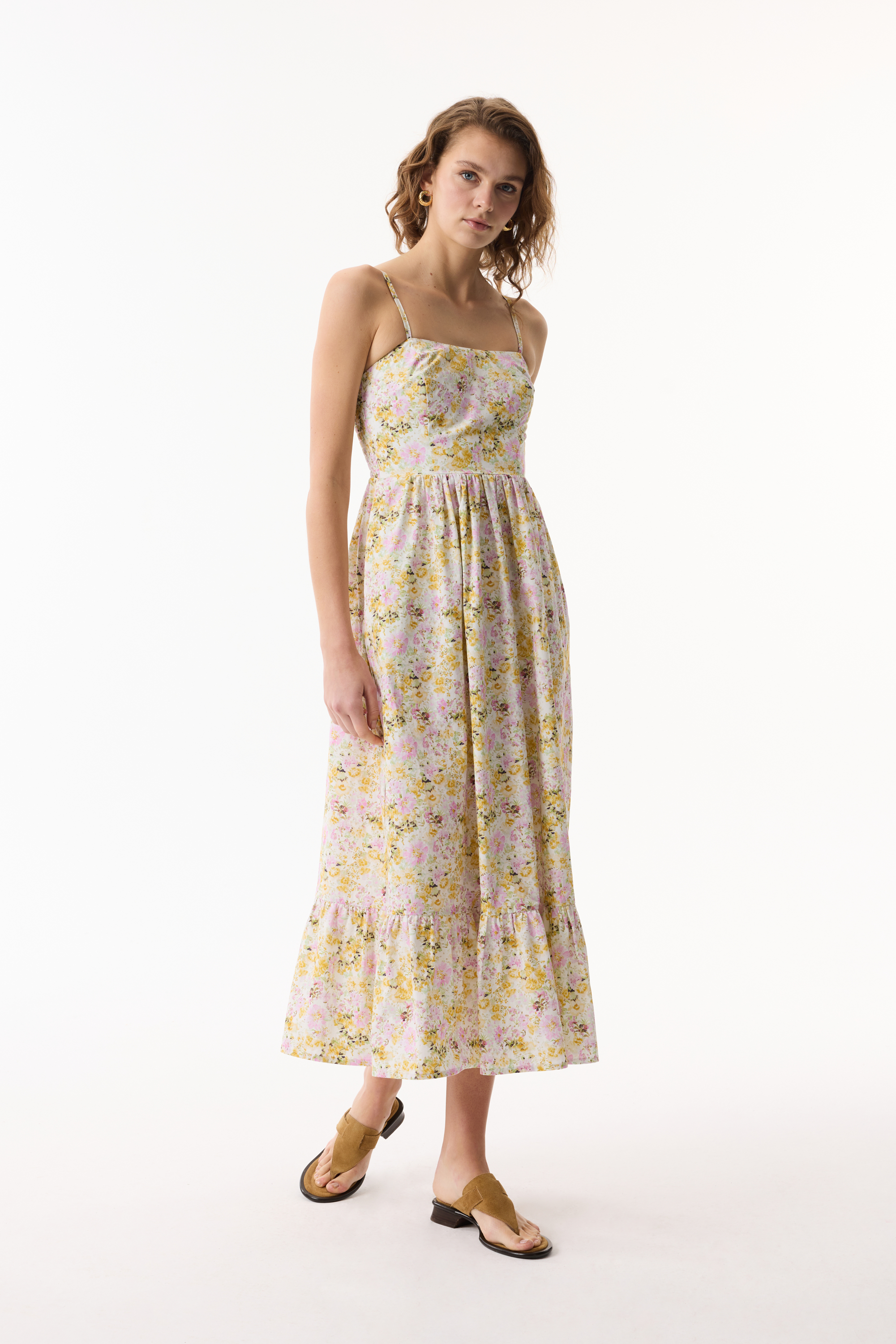 FLORAL BASKILI ASKILI KLOŞ MİDİ ELBİSE