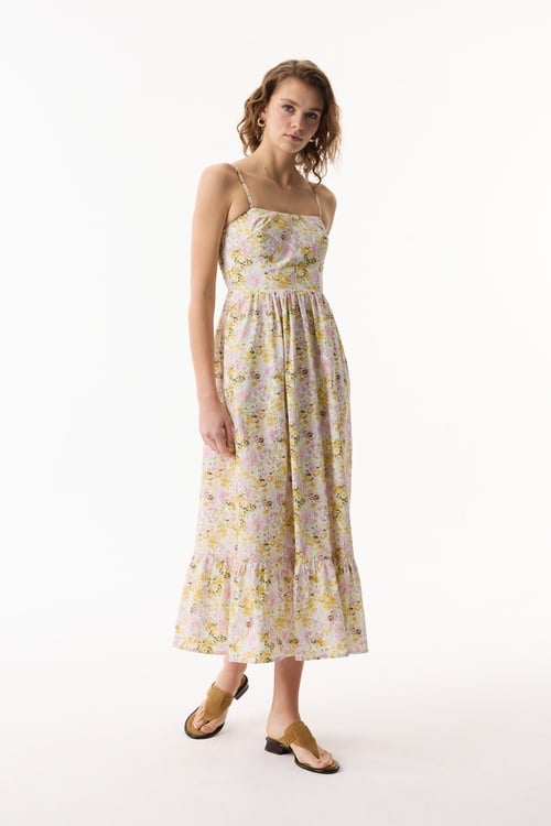  FLORAL BASKILI ASKILI KLOŞ MİDİ ELBİSE