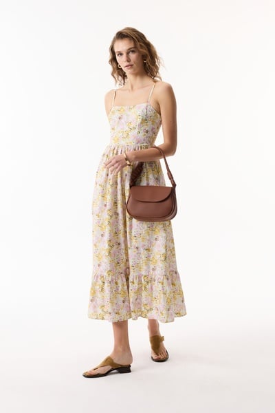 Mudo Sarı Floral Baskili Askili Kloş Midi Elbise