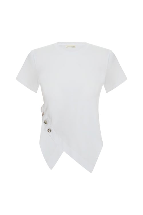  DÜĞMELİ KRUVAZE GÖRÜNÜMLÜ KISA KOLLU BLUZ