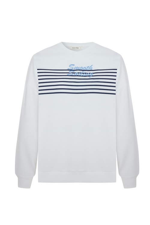  ÇİZGİLİ NAKIŞLI BİSİKLET YAKA SWEATSHIRT