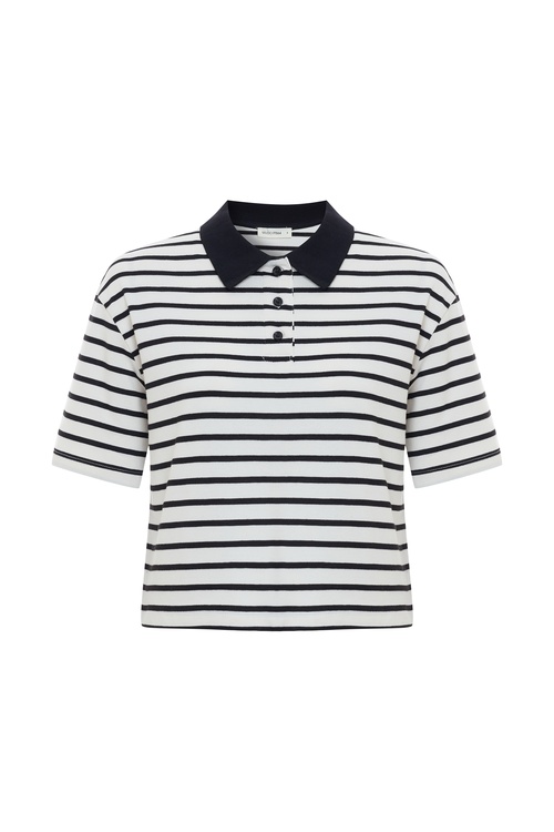  POLO YAKA ÇİZGİLİ CROP T-SHIRT