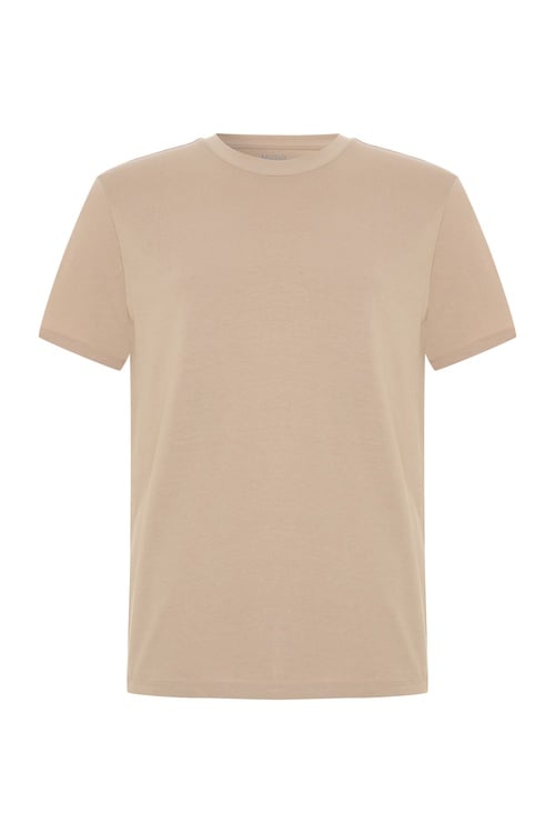  Erkek Bej Rengi Bisiklet Yaka Loose Fit Kısa Kollu T-Shirt