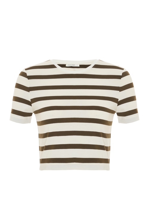  ÇİZGİLİ BİSİKLET YAKA CROP T-SHIRT